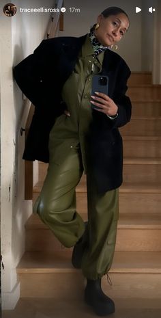 Tracee Ellis Ross Style Outfits, Tracy Ellis Ross Style, Puddle Boots, Forest Green Pants, Ellis Ross