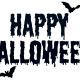 the words happy halloween are painted in black and white with bats flying around on it