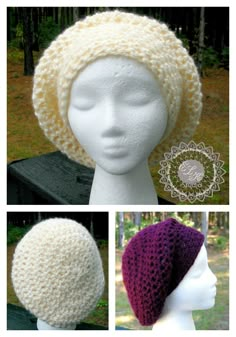 three different pictures of hats on top of a mannequin's head, one in white and the other in purple