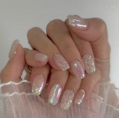 Clear Wedding Nails, Bridal Glitter Nails, Korean Bridal Nails, Fairytale Nail Designs, Chunky Glitter Nails Acrylics, Gemstone Nails, Nails 2025, Nye Nails, Ideas Uñas