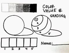 a black and white drawing of a ball on top of a ruler with the words color value & shading below it