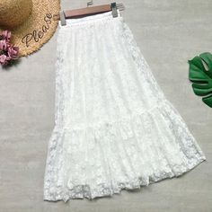 Name: high waist puffy pleated skirtStyle:Urban leisureMaterial:laceFeatures:pleated,classic,both sides to wearPattern: pureColor:white,black,khakiSize(cm):Freelength:75,waist:58-90 Casual Long Lace Skirt, Summer Lace Maxi Skirt With Ruffled Detail, Lace Ruffled Maxi Skirt For Summer, Lace Patchwork Skirt For Spring, Summer Lace Maxi Skirt With Ruffles, White Ruffled Lace Skirt, Flowy Lace Maxi Skirt, Summer Skirt With Lace Patchwork, Summer Lace Patchwork Skirt