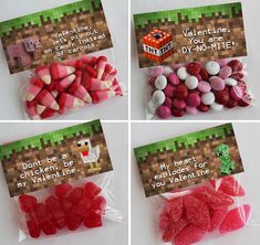 four bags of valentine's day candies for minecrafters to use in the classroom