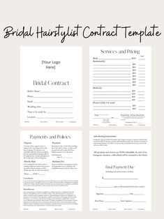 the bridal hair stylist contract template is shown in black and white, with text