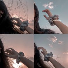 four different shots of a woman's hand holding something in the air