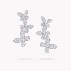 Our Triple Pavé Butterfly Drop earrings in white gold feature our iconic Butterfly motif, brought to life in sparkling pavé diamonds. Clusters of butterflies are set at elegant angles so they appear to have just alighted upon the ear, with wings subtly angled to bring a lifelike dimension to each earring. The butterfly is an endless source of creative stimulus for the designers at Graff. This deceptively simple motif has offered endless opportunities for reinterpretation throughout the history o Graff Butterfly, Butterfly Diamond Ring, Butterfly Chandeliers, Simple Motif, Diamond Drop Pendant, Graff Diamonds, Mini Bracelet, Round Diamond Earrings, Diamond Rings With Price