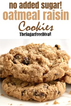 three oatmeal raisin cookies stacked on top of each other with text overlay