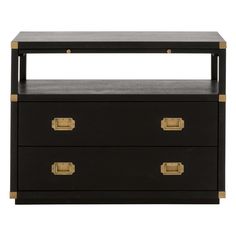 a black and gold side table with two drawers on one end, an open drawer on the other