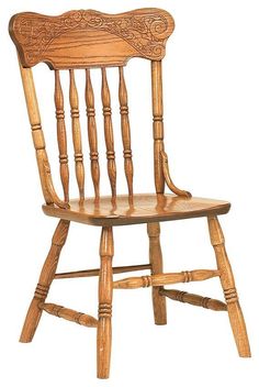 a wooden chair that is sitting up against a white background