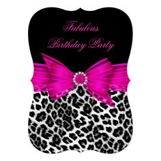 a leopard print birthday party card with pink ribbon and bow on the back of it