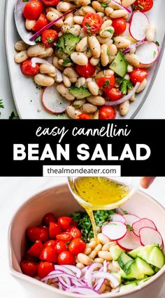 bean salad with tomatoes, cucumbers and onions is being poured into a bowl