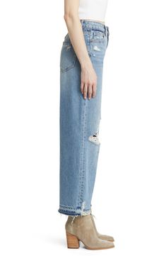 A modern twist on '90s dad jeans, this wide-leg pair is made from faded nonstretch denim with ripped knees and ankle-length released hems. 28" inseam; 11 1/2" front rise Zip fly with button closure Five-pocket style 100% cotton Machine wash, tumble dry Imported Dad Jeans, Ankle Length, High Waist, Wide Leg, Nordstrom, Twist, High Waisted