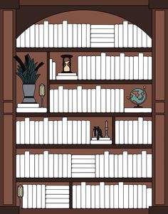 a bookshelf filled with lots of white books next to a potted plant