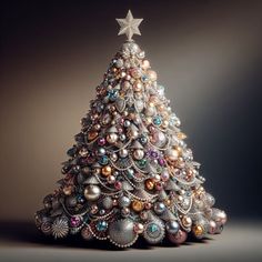 a christmas tree made out of beads and other ornaments is shown in this image, with a star on top