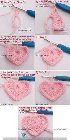 instructions to crochet a heart with two rows of yarn and one row of stitches