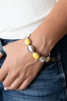 Paparazzi Accessories-Decadently Dewy - Yellow Bracelet Live Text, Paparazzi Accessories Jewelry, Yellow Bracelet, Bead Frame, Silver Caps, Paparazzi Accessories, Stretchy Bracelets, Paparazzi Jewelry, Pop Of Color