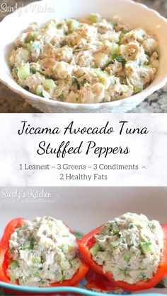 tuna stuffed peppers in a white bowl with the title above it, and two pictures of them