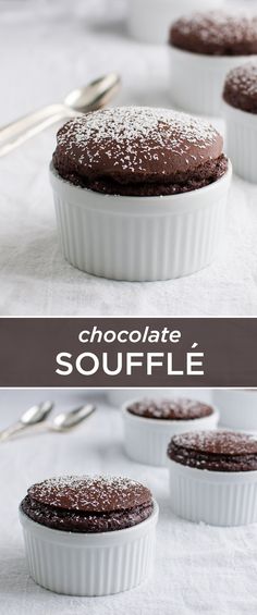 chocolate souffle with powdered sugar on top and spoons in the background