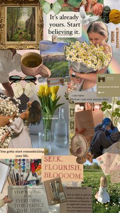 a collage of photos with flowers and words on them, including an image of a woman