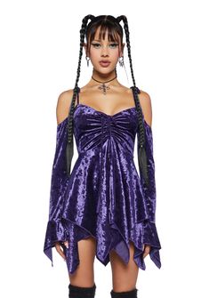 Current Mood Off The Shoulder Velvet Handkerchief Mini Dress - Purple – Dolls Kill Halloween Costume Boots, Rave Fit, Current Mood Clothing, Pixie Outfit, Purple Fairy, Costume Boots, Wedding Dresses High Low, Fairy Clothes, Handkerchief Dress