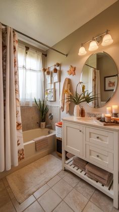 a bath room with a sink a mirror and a bath tub sitting next to a window