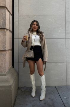 Dress With Boots Winter Wedding Guest, Guadalajara Outfits Winter, Mini Skirt And Calf Boots, Western Outfits With White Boots, White Tecovas Outfit, White Cowboy Boots Winter, Style White Cowgirl Boots, Chic Cowboy Boots Outfit Winter, Womens Nashville Outfits Winter