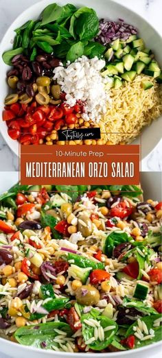 mediterranean orzo salad in a white bowl with the title above it and an image of vegetables