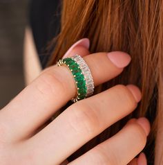 It's true, natural emeralds have seen a huge rise in popularity lately, and with good reason! We assembled a perfect collection of natural green emerald in the most iconic eternity ring style to date. It's a statement ring on it's on, and looks out of this world stack next to a white diamond ring!!! We are in ❤️ Approximate 6.00 carats total weight 18K yellow gold (available in white gold, or rose gold via special order Made to Order with 4 week delivery. Emerald Statement Ring, Emerald Eternity Ring, Diamonds And Pearls, White Diamond Ring, Rosary Bracelet, Ring Emerald, Rose Engagement Ring, Ring Style, Green Emerald