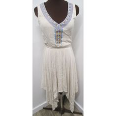 New Without Tags Miami Summer Dress With Handkerchief Hem And Flattering Embroidery, Plunging V Neckline, Linen Look, And A Light Tan Color To Show Off Your Tan. Size Small. Bohemian Embroidered Fitted V-neck Dress, Beige Embroidered Hem Dress For Summer, Beige V-neck Embroidered Dress For Summer, Beige Embroidered Dress With Hem Detail For Summer, Sleeveless Bohemian Embroidered Dress, Fitted Sleeveless Bohemian Embroidered Dress, Bohemian Embroidered Sleeveless Fitted Dress, Beige Sleeveless Embroidered Summer Dress, Summer Embroidered Cream Cotton Dress