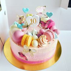 a birthday cake decorated with colorful icing and butterflies