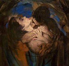 a painting of two people embracing each other