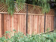 a wooden fence surrounded by plants and trees