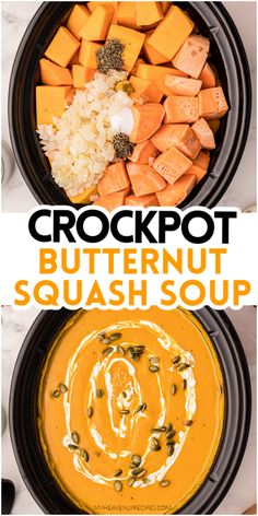 crockpot with butternut squash soup Squash Soup In Crock Pot, Squash In Crockpot Butternut, Slow Cook Butternut Squash Soup, Fall Soup Slow Cooker, Butternut Soup Crockpot, Easy Squash Soup Crock Pot, Spicy Butternut Squash Soup Crockpot