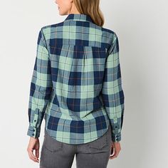 Update your wardrobe with quality essentials for cooler temps with this St. John's Bay women's plaid long-sleeve shirt. Crafted from 100% cotton, this button-down features a chest pocket, cuffed sleeves and a curved hem for easy layering. Wear it with jeans and boots.Features: EssentialsClosure Type: ButtonFit: Regular FitNeckline: Collar NeckPockets: 1 Front Slip PocketSleeve Length: Long SleeveApparel Length: 28 Inches - FrontFiber Content: 100% CottonFabric Description: TwillCollar: Button D… Update Your Wardrobe, Long Sleeve Plaid Shirt, Button Front Shirt, Womens Plaid, Cuff Sleeves, Chest Pocket, Women Long Sleeve, Button Downs, Shirts Tops