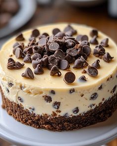 a cake with chocolate chips and cream frosting