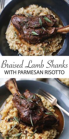 two plates with rice and lamb shanks on them