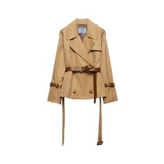 Prada twill trench jacket features a calfskin leather belt and cuff straps Enameled metal triangle logo Classic lapel Long wide sleeve; strap/button cuffs Gun flaps; shoulder epaulettes Back storm flap Menswear fit Flap pockets Back walking vent Cotton Dry clean Made in Italy Luxury Double-breasted Outerwear With Belted Cuffs, Luxury Leather Outerwear With Belt, Luxury Double-breasted Outerwear With Belt Loops, Designer Spring Outerwear With Belted Cuffs, Luxury Spring Outerwear With Belt Loops, Designer Belted Outerwear For Business, Designer Belted Outerwear For Fall, Luxury Office Outerwear With Belt Loops, Designer Brown Belted Outerwear