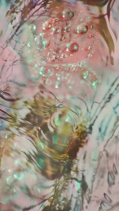 an image of water with bubbles and trees reflected in the water, as seen from above