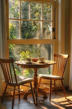 two chairs and a table in front of a window