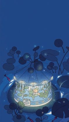 an illustration of a carousel in the middle of some water with trees and plants around it