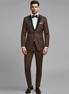 Worsted Brown Wool Tuxedo Suit – StudioSuits Chocolate Brown Groom Suit, Espresso Brown Wedding Theme, Dark Brown Suit Men Wedding, Tuxedo Fall Wedding, Brown Tuxedo Wedding, Groom Brown Suit, Mens Black Tie Attire, Brown Groom Suit, Brown Tux