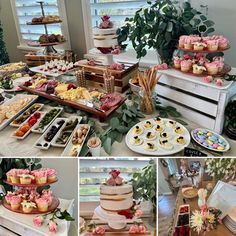 a collage of photos showing different types of desserts and pastries on display