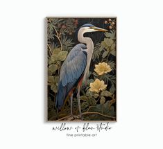 a painting of a blue heron standing on a branch with yellow flowers in the background