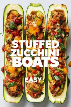 Stuffed zucchini boats filled with colorful vegetables and melted cheese, with text "Stuffed Zucchini Boats EASY!" Healthy Zucchini Boats, Zuchini And Squash Recipes, Zucchini Boats Beef, Stuffed Zucchini Boats Healthy, Zucchini Boats Recipes, Veggie Zucchini Boats, Turkey Stuffed Zucchini Boats, Zuchinis Recipe Dinner