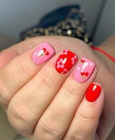 #cherry #nails #nailart #naildesign #pink #pinknails #red #rednails Red Nails Cherry, Pink And Red Nails, French Manicure Acrylic Nails, Nails Cherry, Gold Gel Nails, Ideas Uñas, Cherry Nails, Cute Gel Nails, Nails Only