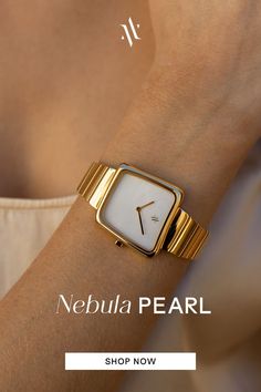 Inspired by clouds in space that are devoid of specific shape or form. The genuine white mother of pearl dial beautifully contrasts the polished gold bracelet. Elevate your date night look or transform your lounging clothes into a casual chic outfit. The Nebula Pearl embodies a classic aesthetic and modernism. The perfect gift for yourself or a loved one. Elegant Gold Watch With Polished Finish, Elegant White Watches With Metal Dial, Classic White Watches With Bracelet Strap, Elegant Gold Watches With Subdials, Elegant White Jewelry With Rectangular Dial, Gold Minimalist Watch With Polished Finish, White Timeless Watch With Metal Dial, Modern Yellow Gold Jewelry And Watches With Polished Finish, Modern Yellow Gold Watches For Everyday Luxury