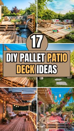 wooden decking with text overlay that says 17 diy pallet patio deck ideas