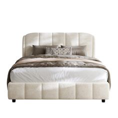 a white bed with two pillows on top of the headboard and foot board, in front of a white background