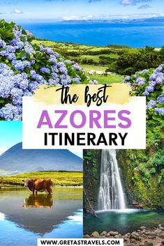 the best azores itinerary in the world with pictures of flowers, water and mountains