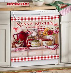 a kitchen scene with the words nana's kitchen, and an image of some dishes